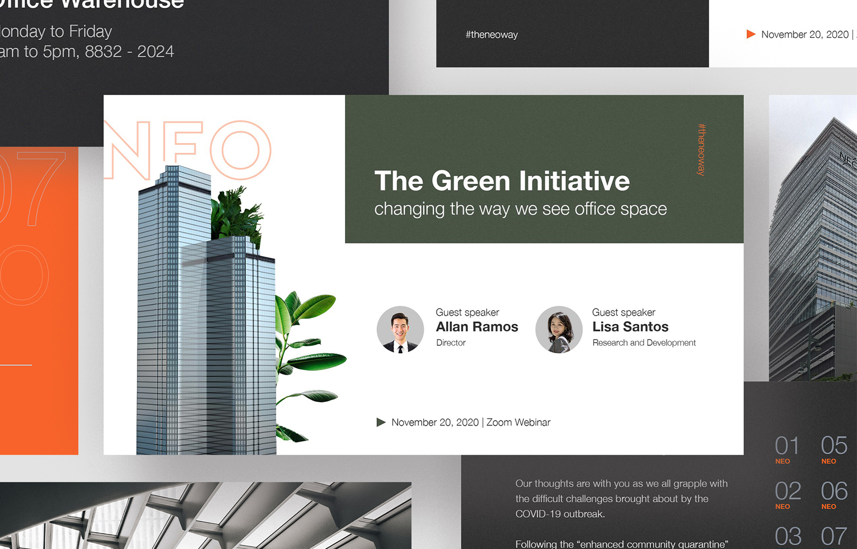 A brand identity overview of the sustainability and eco friendly  NEO property management brand designed by Gohan Strategy