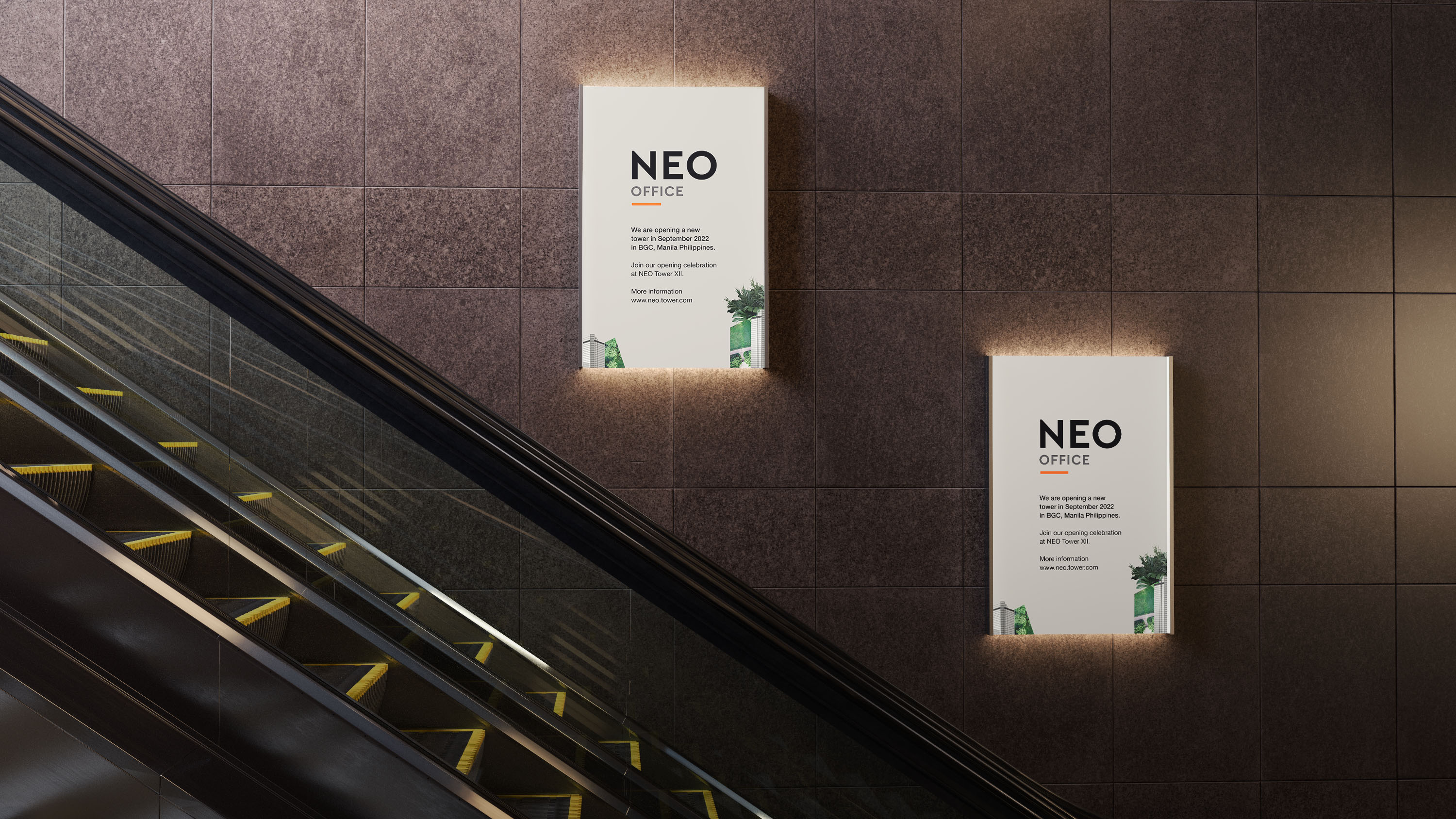 Escalator brand poster green building property brand case NEO